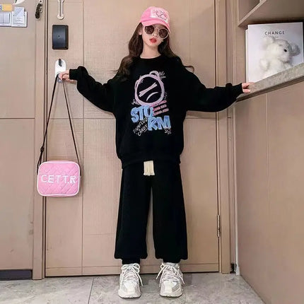 2025 autumn winter girl cloth bear letters loose velvet sweatshirt t shirt top + ankle tied pant teens child set 4 10 12 15 year