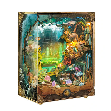 DIY Book Nook Wooden Miniature Model Kits Underwater World Bookend 3D Puzzle With Light Bookshelf for Friends Birthday Gifts