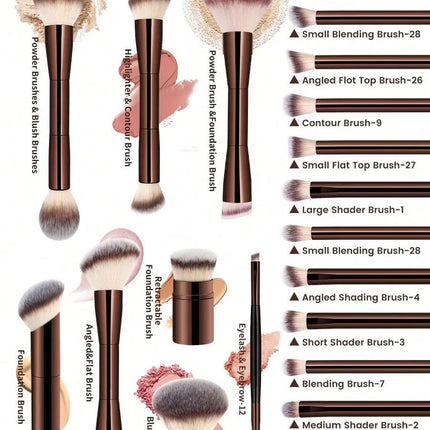 22pcs Professional Makeup Tools Set With Velvet Bag,20pcs Soft Long Aluminum Tube Makeup Brush Set+2pcs Powder Puffs Accessories