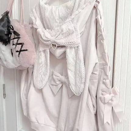 Literary All-match Preppy Style Premium Hoodies Sweet Rabbit Ear Lace Hoody Sweatshirt Japanese Loose Lace Up Bow Casual Jacket