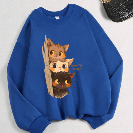 Three Little Cats Are Secretly Watching You Print Hoodie Women Street Loose Sweatshirt Basics Sporty Pullover Winter Clothes