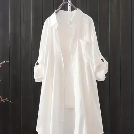 Plus Size 1XL-5XL Casual Blouse Women's Plus Solid Button Up Roll Up Sleeve Slight Stretch Blouse