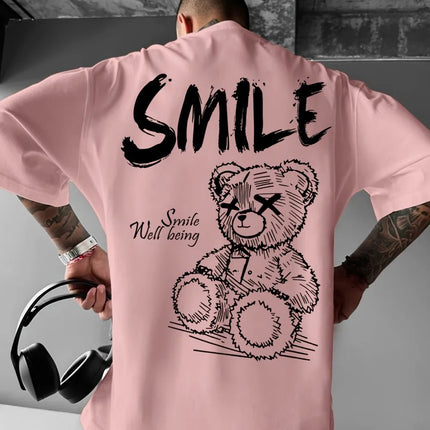 Trendy summer new men's personalized teddy bear print micro-elastic comfortable breathable crew neck T-shirt outdoor urban top