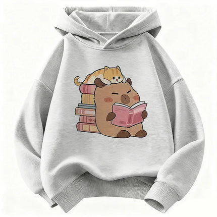 Cute Cat with Capybara Reading Book Hoodies Children's Sweatshirt Hoody for Boys Girls Spring  Casual Hoodie
