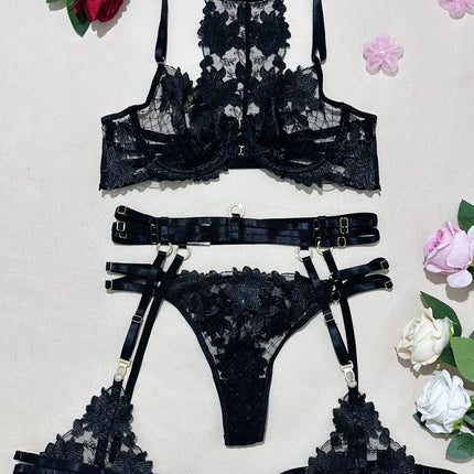 Bikini Fashion Complex Craft Embroidery Cross Strap Sexy Lingerie Push-Up Underwire Four-Piece Set