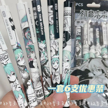 Anime Hatsune Miku 6Pcs/set Black Gel Pen 0.5 Lack Ink Signature Pen School Writing Supplies Stationery Children Festivalgift