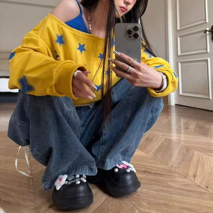 Stylish Off Shoulder Loose Sweatshirts Women's Clothing American Retro Star Spring Autumn Contrasting Colors Skew Collar Hoodies