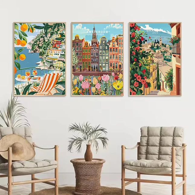 Watercolor Modern World Famous Travel City Amsterdam Amalfi Madrid Poster Canvas Painting Wall Art Pictures Home Interior Decor