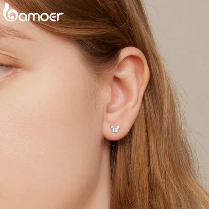Bamoer 925 Sterling Silver Brilliant Star Earrings for Women Tiny Butterfly Stud Earrings Snowflake Girl Ear Studs Fine Jewelry