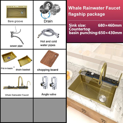 Kitchen Sink Stainless Steel Waterfall Sinks Extra Large Single Slot with Digital Display Faucet Set For kitchen