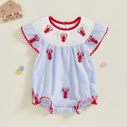 Newborn Baby Girl Crawfish Smocked Bubble Romper Lobster Ruffle Short Sleeve Bodysuit Jumpsuit Summer Outfits