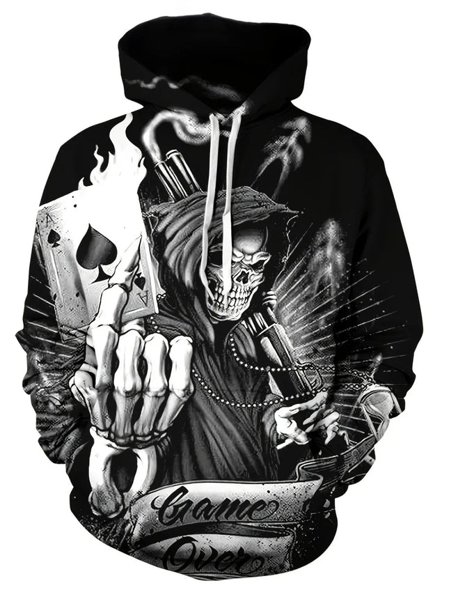 Autumn European and American new men's skull print comfortable and breathable hooded sweatshirt outdoor high street clothing