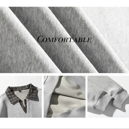 Retro Plaid Polo Neck Sweatshirt for Men and Women Heavyweight Cotton Soft Fake Two-Piece V-Neck Long Sleeve