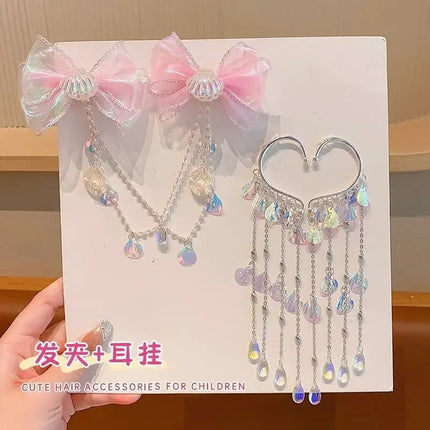 Baby Mermaid Princess Hair Clip - Pearl Tassel Bow Forehead Chain for Girls, Cute Children's Hair Accessories