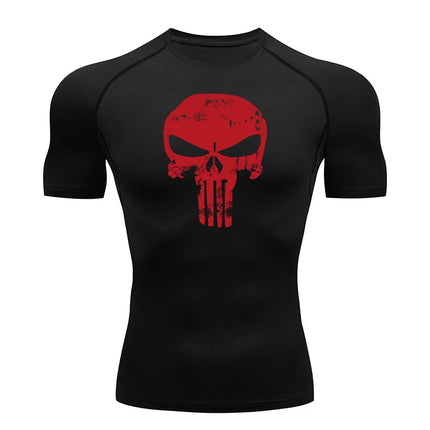 Skull Print Compression Shirts for Men Gym Workout Running Tshirts Sporty Athletic Quick Dry Tees Tops Short Sleeve Rash Guard