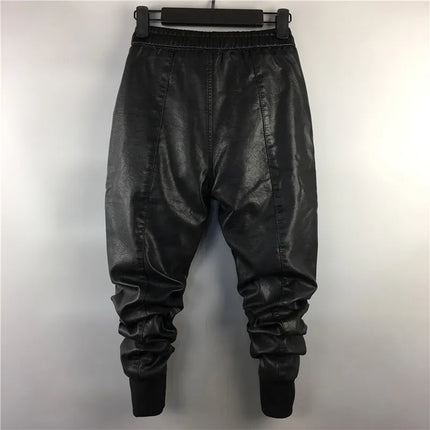 Men Casual Cargo Harem Pants High Street Hip Hop Length PU Faux Leather Sweatpants Autumn Winter Black Big Size
