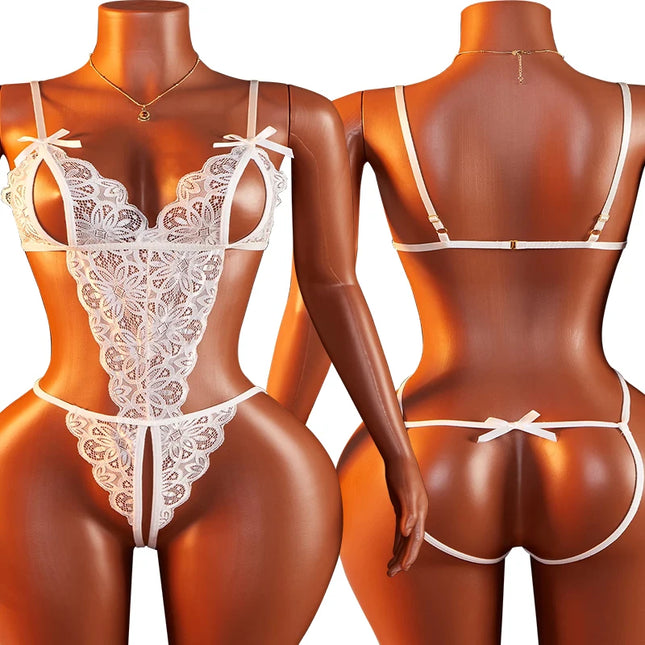 Sexy Lingerie Women Mesh Lace Floral Open Bra Set Porno Costumes Deep V Neck Crotchless Babydoll Dress Hot Erotic Underwear Set