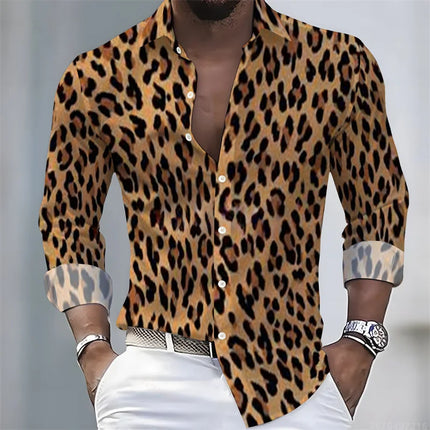 New Men's Leopard Print Long-Sleeved Shirt, Trendy Retro Slim-Fit Turn-Down Collar Casual and Stylish Men's Shirt, Sizes S-6XL.