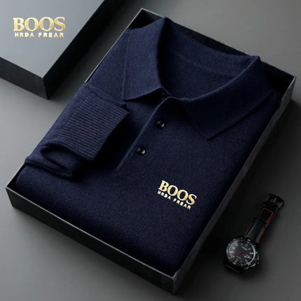 BOOS HRDAFREAR new autumn and winter wool collar long sleeved men's knitted polo shirt solid color middle-aged base sweatermen c