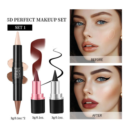 5D Perfect Makeup Set With Contouring Stick Eyeliner And Lipstick Easy Coloring Sweat-proof Long Lasting Daily Makeup Set
