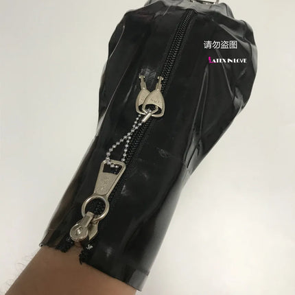 Lockable Zip Latex Bondage Mittens Fetish Hand Boxing Gloves Tight Clasp D-ring