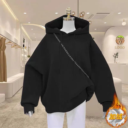 Women's Fleece Lined Hoodie Loose Fit Winter Pure Color Oversize Middle School Style American Korean Jacket Versatile Sweatshirt