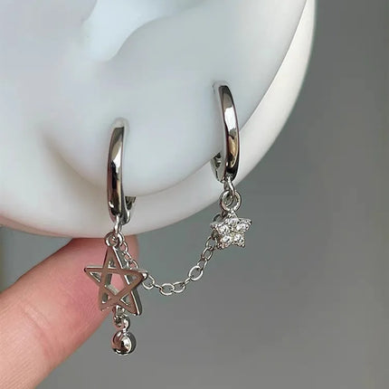 1PCS Silver Color Star Chain Double Ear Hole Stainless Steel Ear Bone Nail Y2K Fashion Hottie Earrings for Women Jewelry