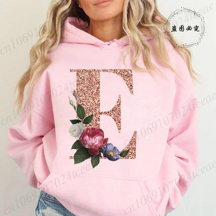 Rose Gold Letter A~Z Printed Women's Sweatshirts Hoodie Fashion Women Hooded Hoodies Casual Harajuku Streetwear Pink Clothing