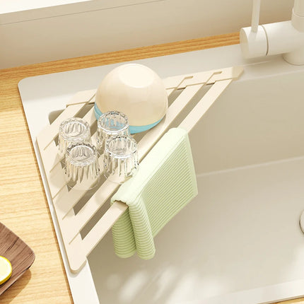 Foldable Drain Rack Kitchen Sink Organizer with  Towel Bar  Adjustable Over Sink Drainer for Dishes, Glasses, Pots & Pans