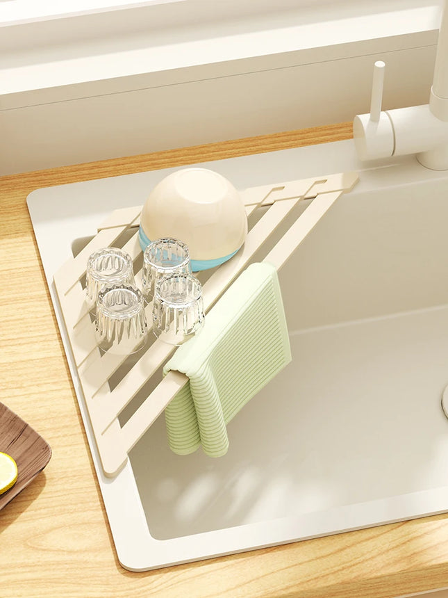 Foldable Drain Rack Kitchen Sink Organizer with  Towel Bar  Adjustable Over Sink Drainer for Dishes, Glasses, Pots & Pans