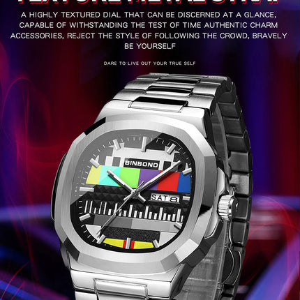 BINBOND Creative TV Dial Men's Watches New Fashion Original Retro Design Luminous Quartz Wristwatch For Man With Calendar Week