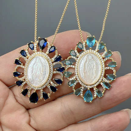 Hot Sell Religious Guadalupe Virgin Mary Necklace Female Metal Zircon Mother Pearl Shell Medal Pendant For Women Fashion Jewelry