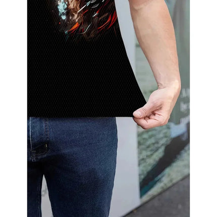 Street-style Wolf pattern men's polo shirt, summer T-shirt, short-sleeved animal print hip-hop T-shirt, plus-size casual polo sh