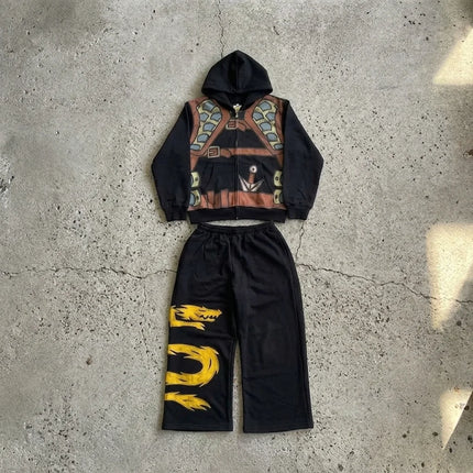 Ninja Warrior Armor Hoodie Set Men Dragon Graphic 2 Piece Suit Anime Inspired Streetwear Baggy Wide Leg Pants Tracksuit Outfit