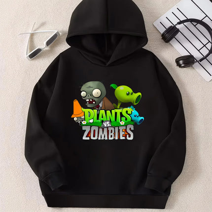 Boy's Spring-Autumn Black Hooded Sweatshirt! Plants Vs. Zombies Print, A Must-Have Trendy Outfit For Gamers To Blast The Streets