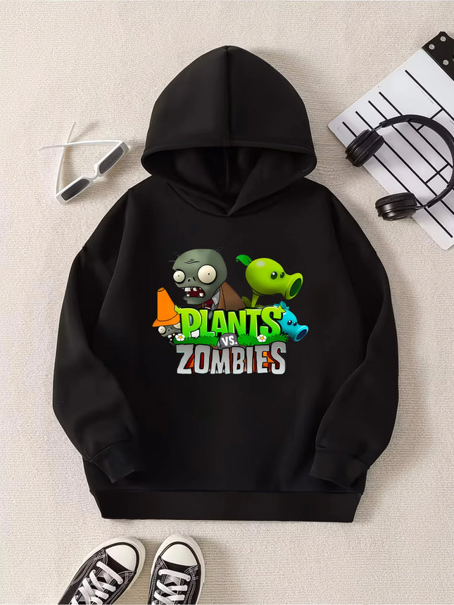 Boy's Spring-Autumn Black Hooded Sweatshirt! Plants Vs. Zombies Print, A Must-Have Trendy Outfit For Gamers To Blast The Streets