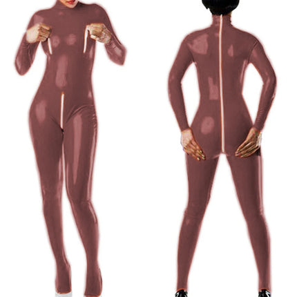Sexy Faux Leather Jumpsuits for Women High Collar Zipper Open Crotch Open Chest Wet Look Bodysuits Nightclub Clothing Custom