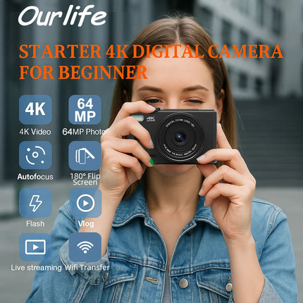 Ourlife AC600 Digital Camera 4K 64MP UHD Cameras 18X Digital Zoom 180° Flip Screen Vintage Vlogging Camera for YouTube Autofocus
