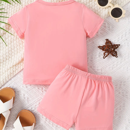 0-3 year old baby girl round neck short sleeved cute cartoon cat pattern top simple shorts two-piece set for spring and summer