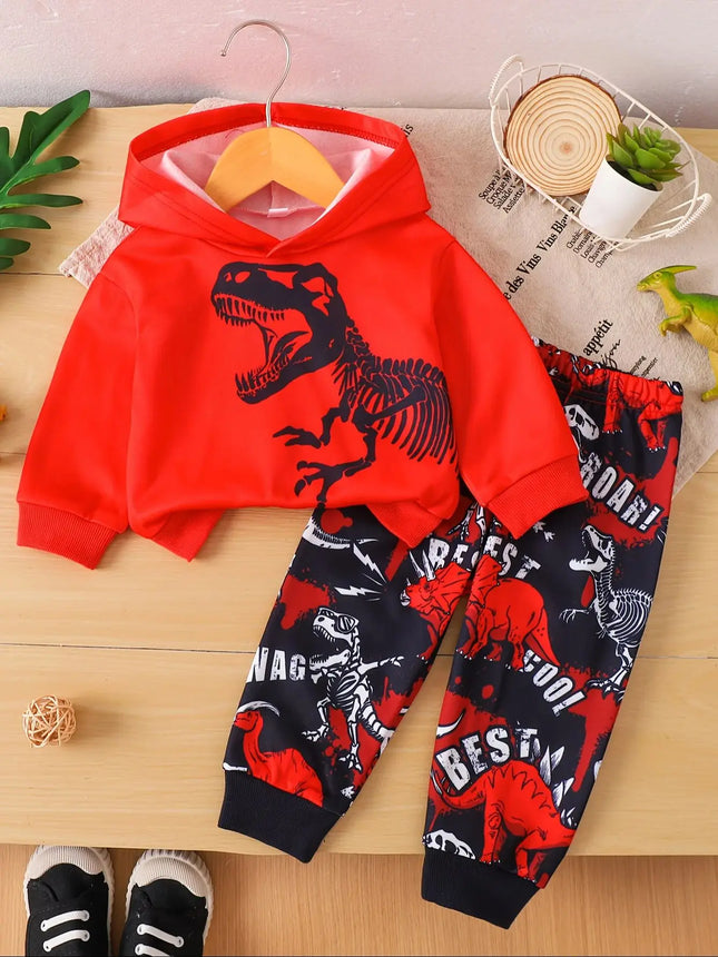 Spring and autumn style for young boys, dinosaur printed fleece hooded long-sleeved sweatshirt and sweatpants, casual two-piece