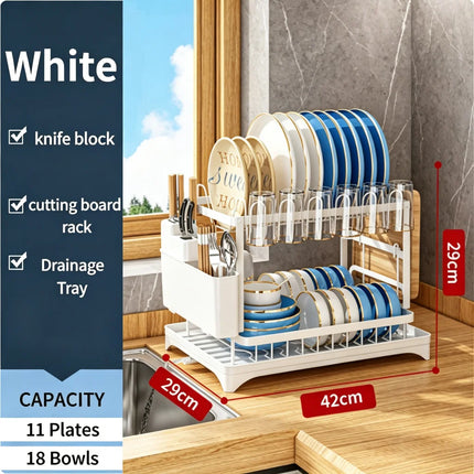 Large-Capacity Double-Layer Kitchen Storage Rack with Drainage, Lockable Metal Tableware Stand for Bowls, Kitchen Organizers