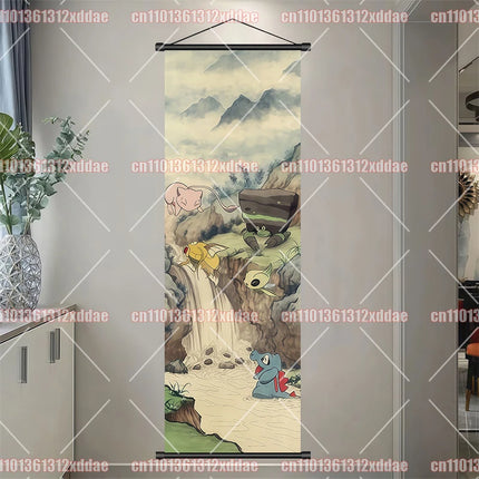 Classic Anime Pokémon Retro Scroll Painting Poliwhirl Pikachu Eevee Charizard Dragonite Squirtle Bulbasaur Creative Poster Gift