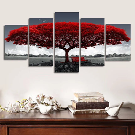 5Pcs/Set Modern Red Lucky Tree Wall Art Canvas Posters Unframed for Living Room Home Decor
