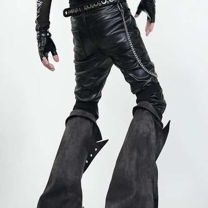 Mauroicardi Spring Skinny Black Pu Leather Motorcycle Pencil Pants for Men with Detachable Leg Covers Alternative Punk Clothes