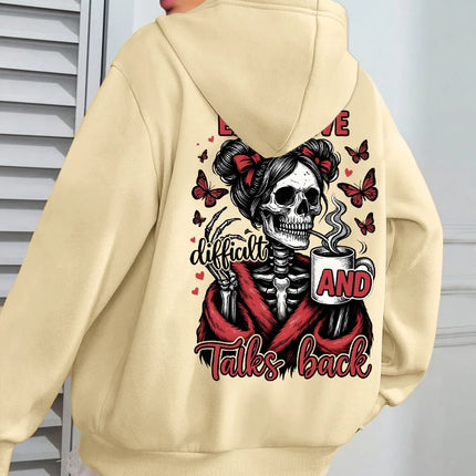 Expensive Talks Back Coffee Butterfly Skulls Print Women Hoody Autumn Hoodies Casual Loose Pullover Jogging Pocket Sportswear