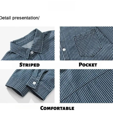 Vintage-Washed Denim Striped Long-Sleeved Shirt for Men Patchwork Design Loose-Fit Casual Shirt