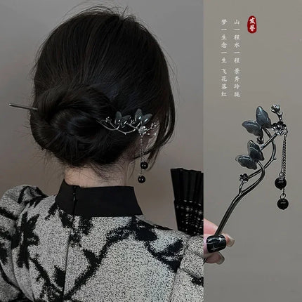 New Chinese Style Butterfly Flower Tassel Hair Stick for Women Vintage Metal Hanfu Chopstick Hair Sticks Ebony Hair Accessories
