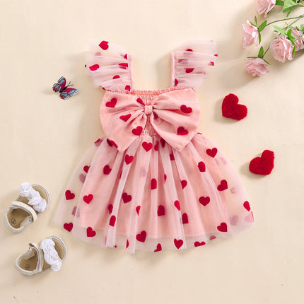 Princess Infant Girl Tulle A-Line Dresses Children Baby Heart 3D Bow Flutter Sleeve Dress Toddler Sweet Fashion Mesh Tutu Dress