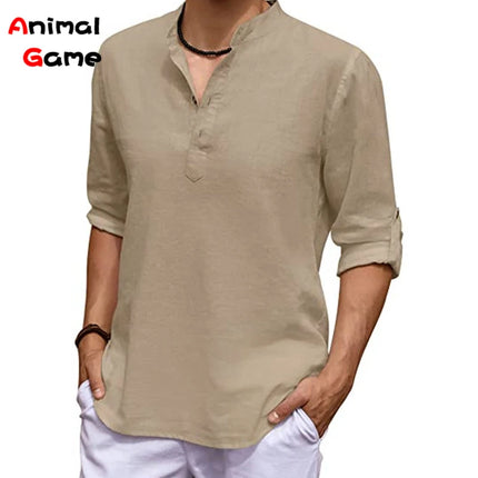 New Men's Linen Long Sleeve V-neck T Shirt Solid Color Oversize Casual Shirt Cotton Shirt Plus Size Yoga Button Shirts for Men