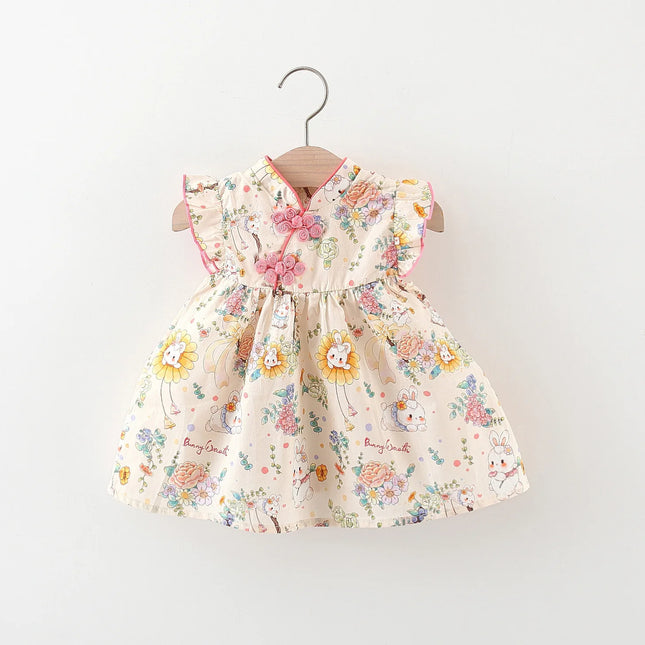 Summer Chinese Style Girls' Dress Baby Girls' Cartoon Bunny Flower Print Small Fly Sleeves Stand Collar Button Princess Dress